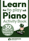 Piano activity book cover with a cartoon character playing piano, text 'Learn to play Piano Activity Book' and 'Greenhouse Music Group' logo.